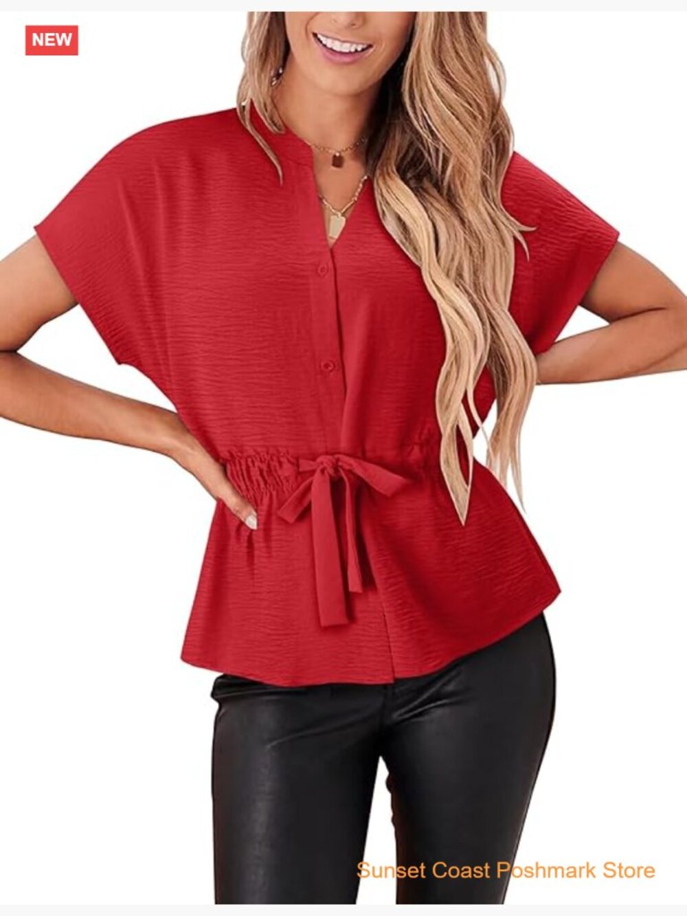 Dressy Loose Fit Peplum Blouse Short Sleeve Button Down Top